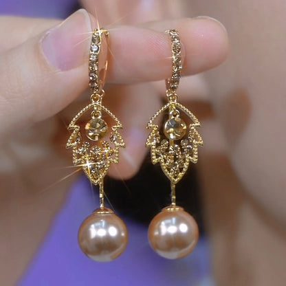 French Entry Lux High-grade Coffee Color Full Diamond Leaf Pearl Earrings