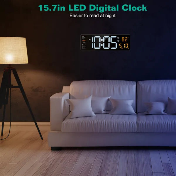 15.7in LED Digital Wall Clock With Remote Control 10 Level Brightness 3 Alarm Settings 12 24Hr Format Timing Countdown Temperature Calendar Display