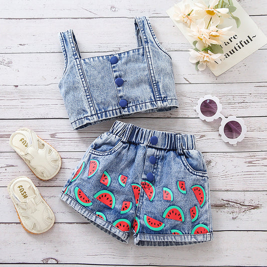 Girls' Denim Camisole Watermelon Shorts Suit