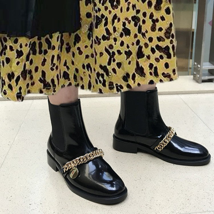 Round toe personality metal chain flat mid-heel women's boots