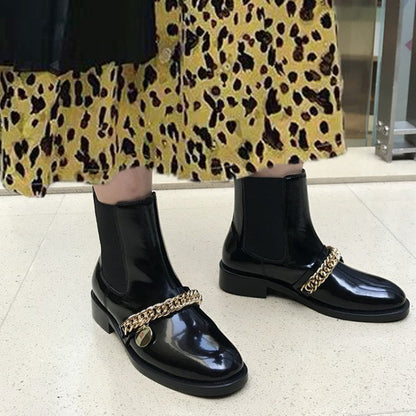 Round toe personality metal chain flat mid-heel women's boots