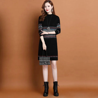 Thermal Head Cover Half Turtleneck Mid-length Bottoming Sweater Women's Woolen Skirt