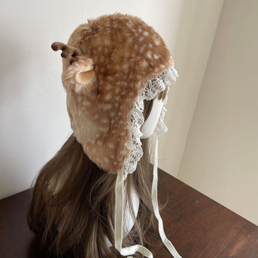 Plush Simulation Cute Lace Elk Thickened Hat Women