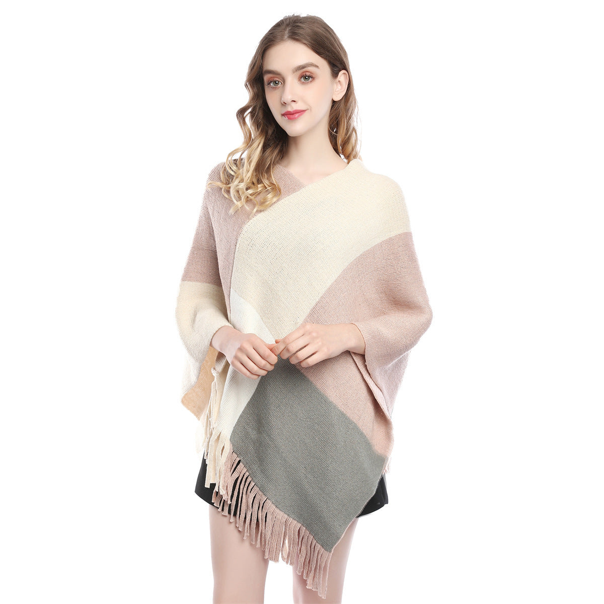 Fashion Women's Wear Color Contrast Patchwork Shawl Cape Knitted