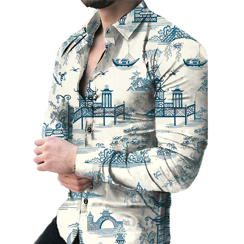 Bold Large Floral Print Casual Long Sleeve Shirt