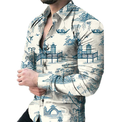 Bold Large Floral Print Casual Long Sleeve Shirt