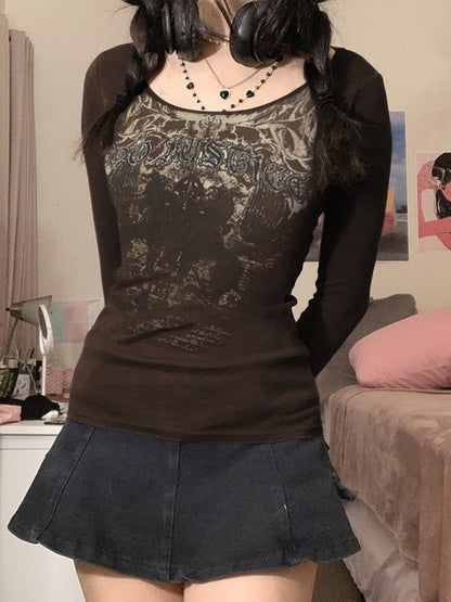 Printed Round Neck Long Sleeve Knitted Long Sleeve T-shirt