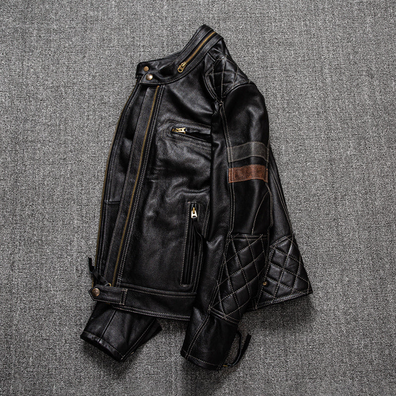 First-Layer Cowhide Leather Coat Mens Stand Collar Motorcycle Cycling Supreme Durability
