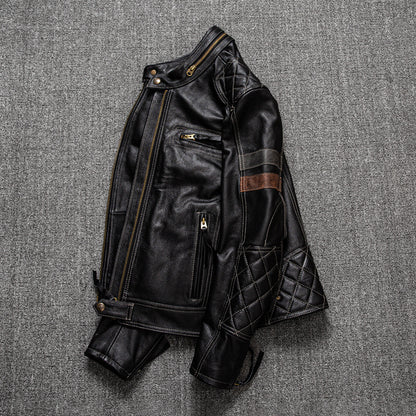 First-Layer Cowhide Leather Coat Mens Stand Collar Motorcycle Cycling Supreme Durability