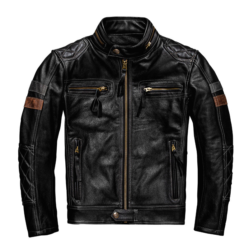 First-Layer Cowhide Leather Coat Mens Stand Collar Motorcycle Cycling Supreme Durability