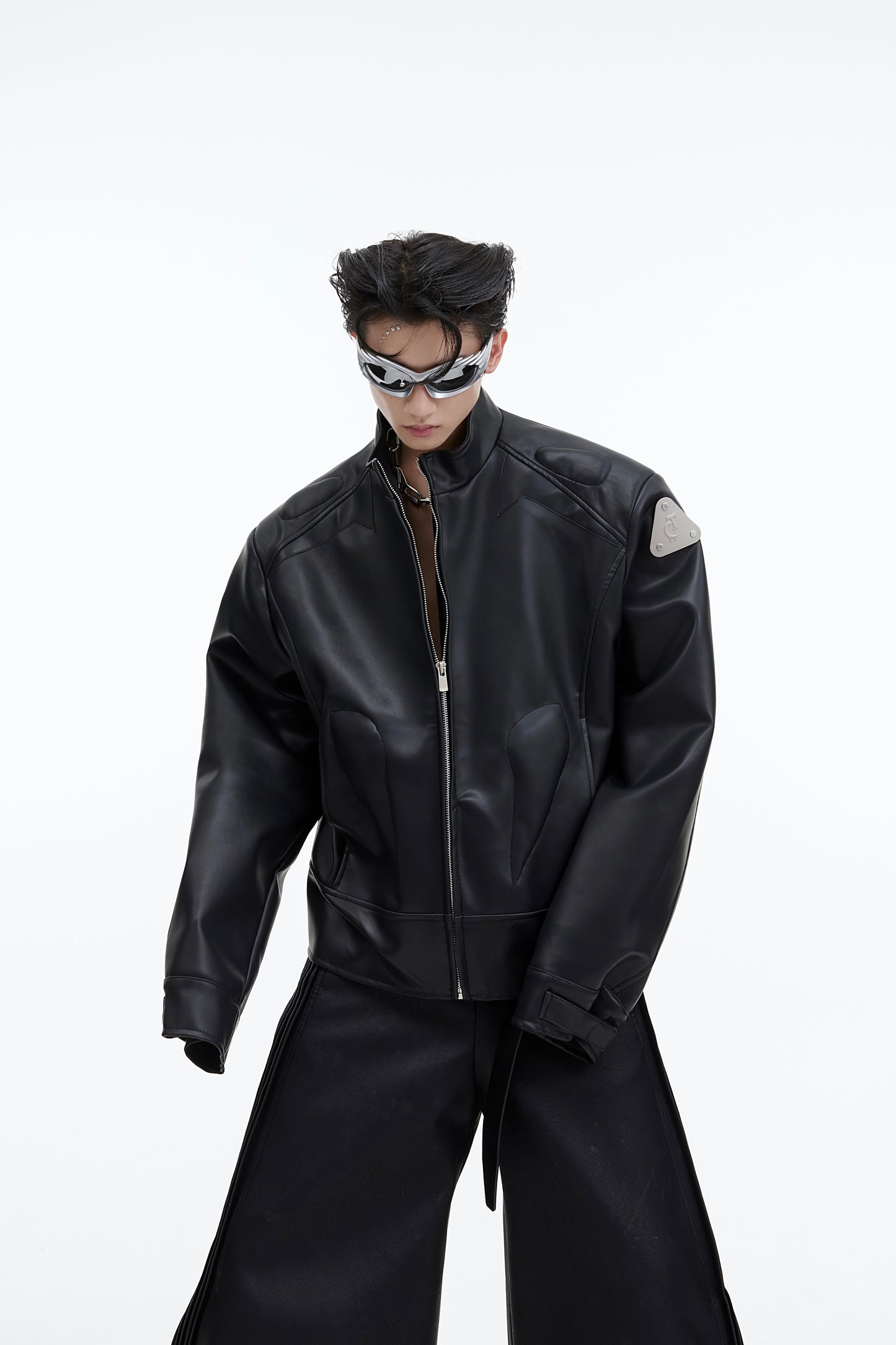 Leather Jacket Metal Graphic Design Jacket Edgy Metallic Accents