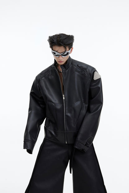 Leather Jacket Metal Graphic Design Jacket Edgy Metallic Accents