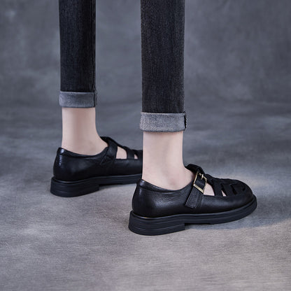 Genuine Leather Pitcher Plant Shoes Women's Round Head Hollow Flat