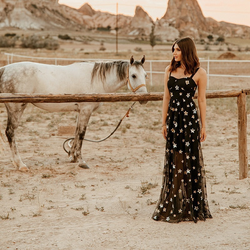 Five-pointed Star Mesh Camisole See-through Temperament Long Dress