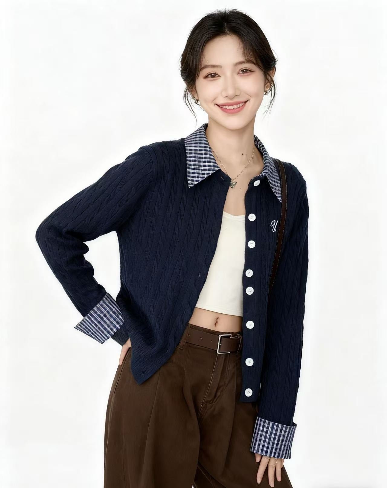 Plaid Stitching Lapel Long Sleeve Twist Knitted Sweater