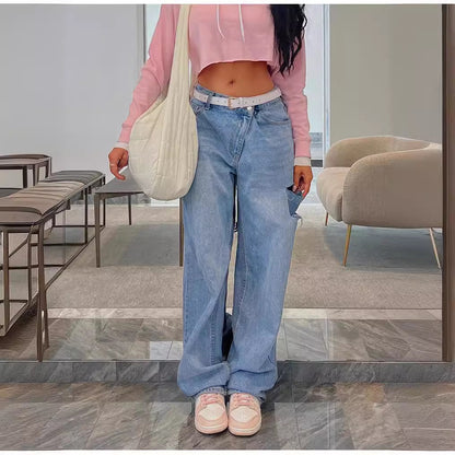 Fashionable Oblique Waist Low Waist Loose Hole Jeans For Women