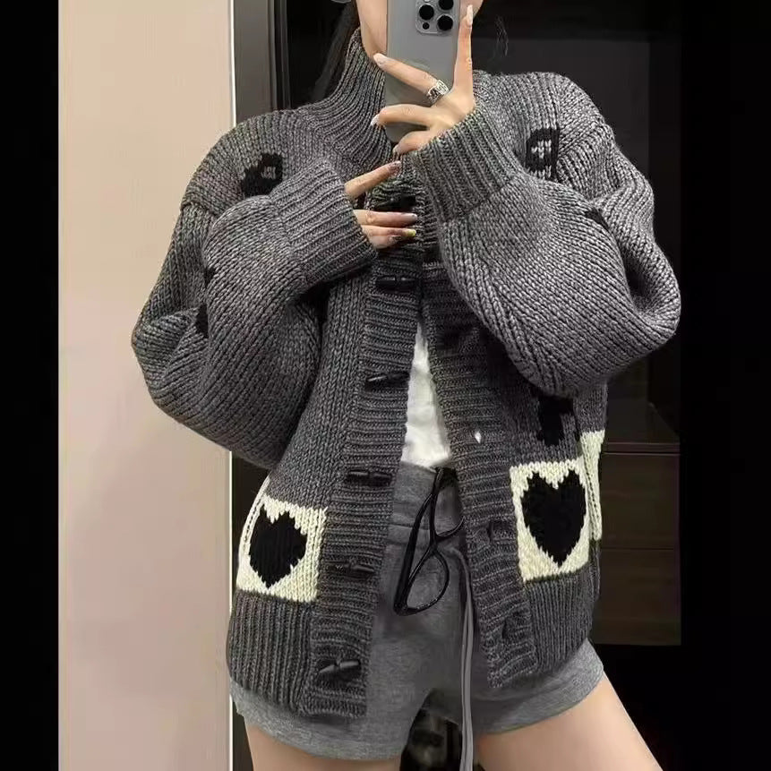 Pattern Stand Collar Knitted Coat For Women