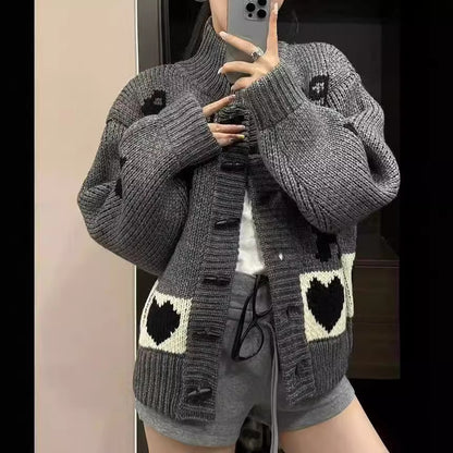 Pattern Stand Collar Knitted Coat For Women