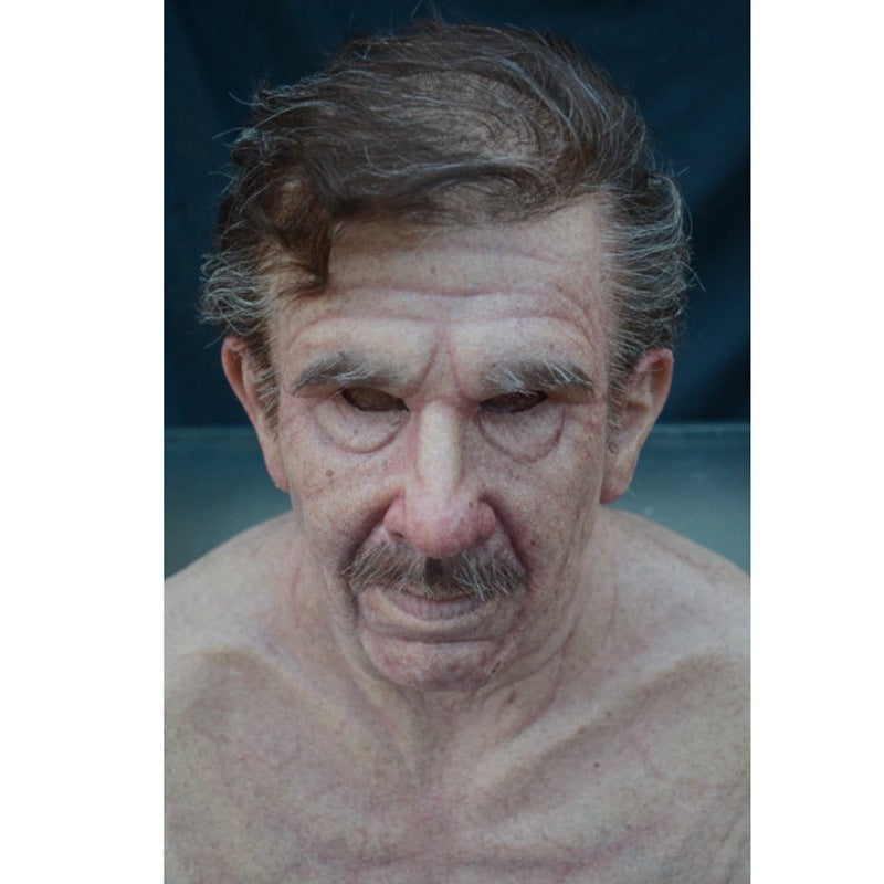 Realistic Old Man Halloween Mask | White Hair & Beard Full-Head Costume Headpiece