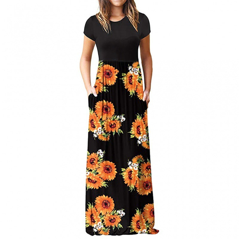 Ladies Short Sleeve Printed Dress Long Skirt
