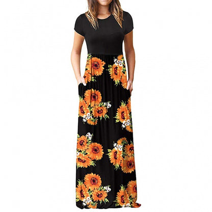 Ladies Short Sleeve Printed Dress Long Skirt