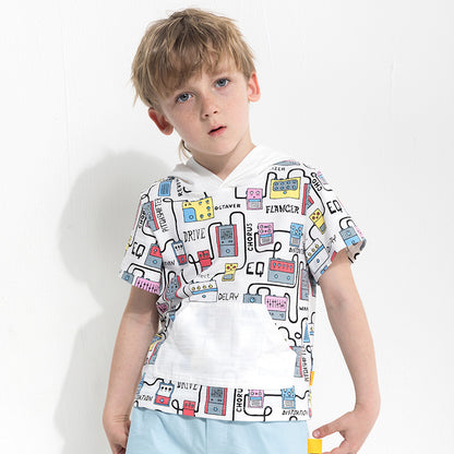 The Hooded Graphic: Cartoon Print Hooded Short-Sleeve T-Shirt