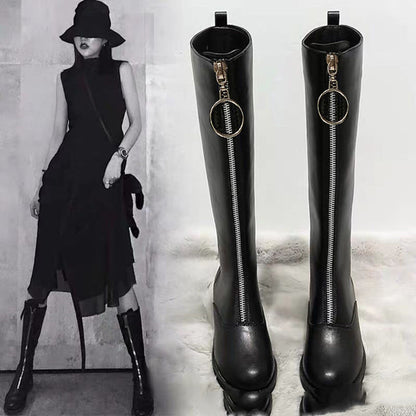 Women's Knee High Heel Zipper Front Boots And Suede Leather