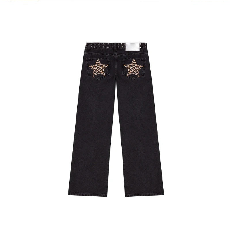 Leopard Print Five-pointed Star Deconstructing Jeans For Women