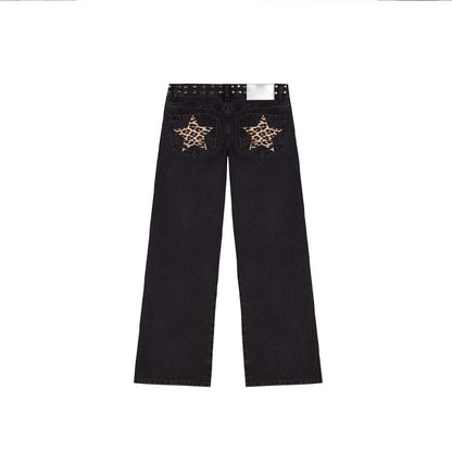 Leopard Print Five-pointed Star Deconstructing Jeans For Women