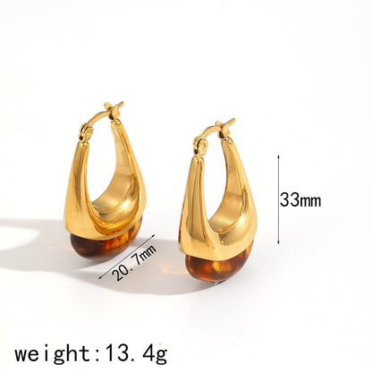 Mild Luxury Retro Resin Stainless Steel Earrings Women's High-grade Amber 18K Gold Plated Ear Clip