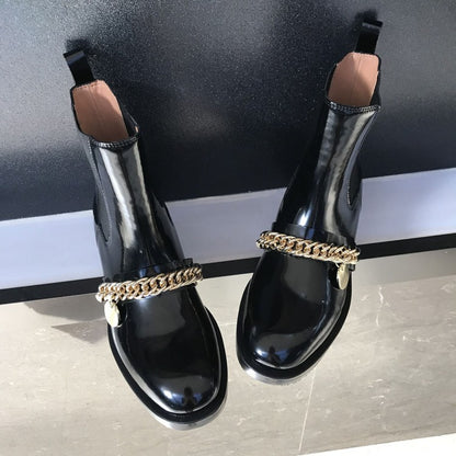 Round toe personality metal chain flat mid-heel women's boots