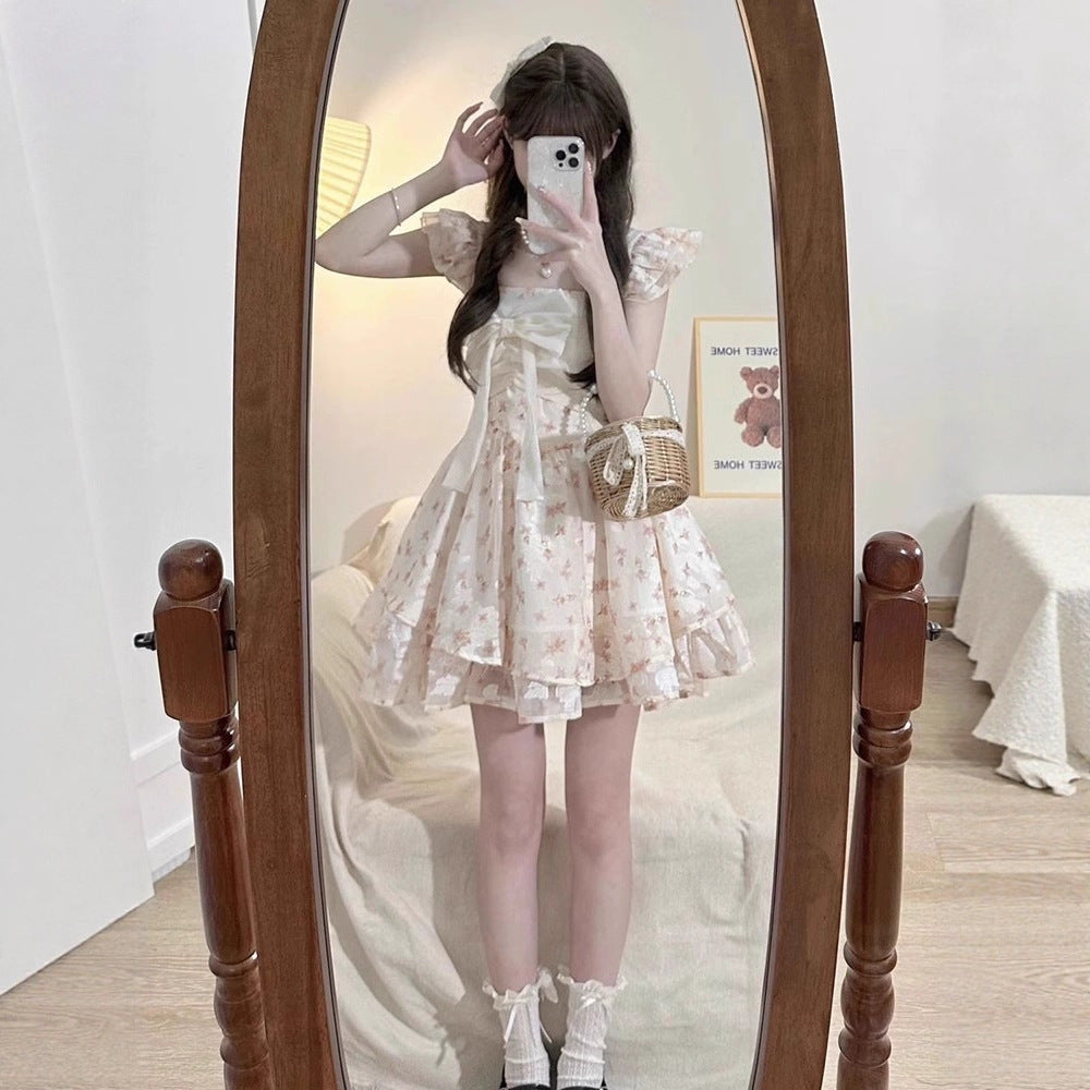 Women's Flounced Sleeve Bow Floral Dress