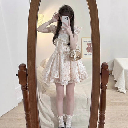 Women's Flounced Sleeve Bow Floral Dress