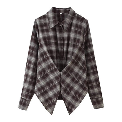 Women's Loose Lapels Waist-controlled Long Sleeves Plaid Shirt