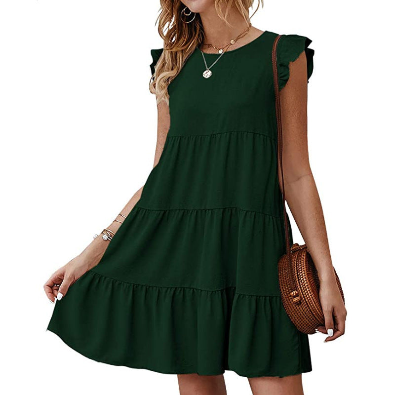 Ladies Solid Color Round Neck Short Sleeve Casual Dress