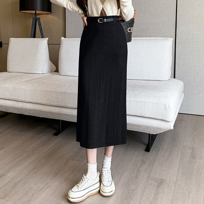 French Stripe Slit Knitted High Waist Sheath Straight Skirt