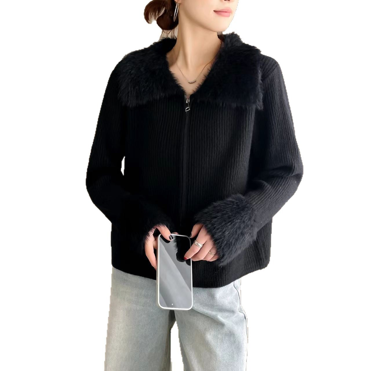 Korean Style Double Zipper Lapel Patchwork Cuff Sweater