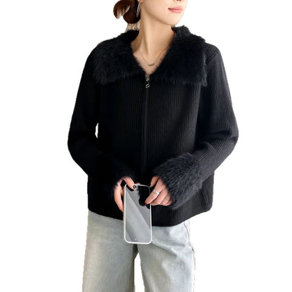 Korean Style Double Zipper Lapel Patchwork Cuff Sweater