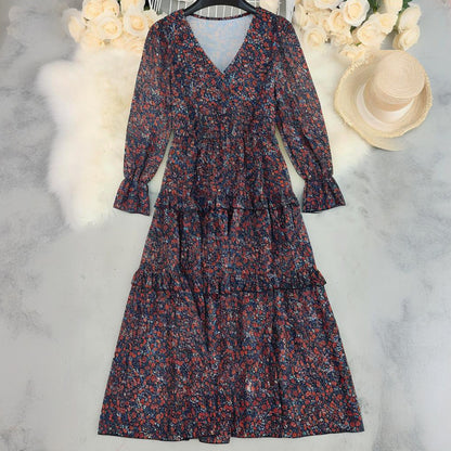 Printed V-neck Casual Loose Long Dress