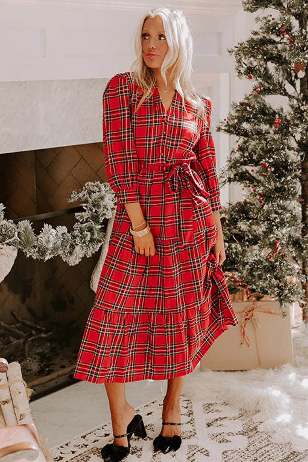 Red Christmas Plaid V-neck Dress