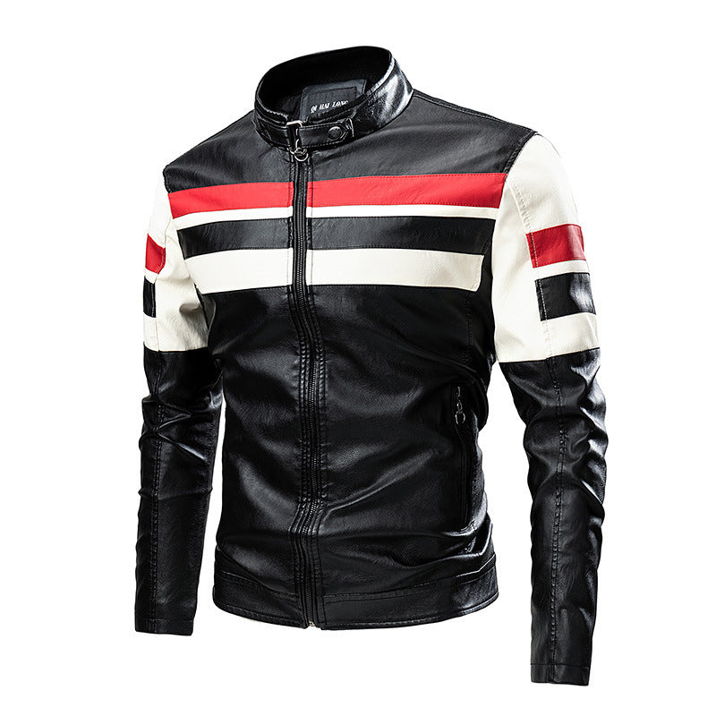 Motorcycle Stitching Leather Jacket Men Stand Collar Retro Vintage Edge