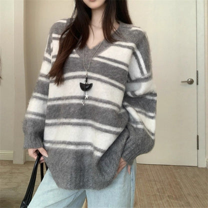 Korean Style Retro V-neck Striped Loose Sweater
