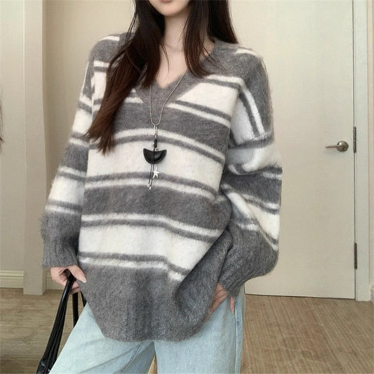 Korean Style Retro V-neck Striped Loose Sweater