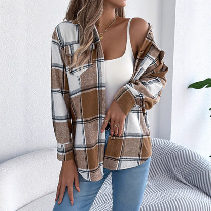 Women's Casual Plaid Woolen Mid-length Coat