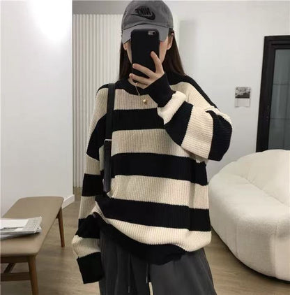 Early Autumn Loose And Lazy Style Striped Sweater For Women