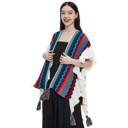 European And American Spring Autumn And Winter Ladies Travel Ethnic Style Ruffled Knitted Shawl