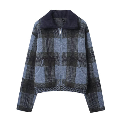 Women's Fashion Casual Plaid Knitted Coat