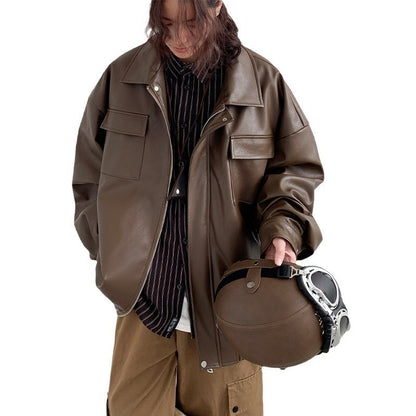Spring Autumn Leisure Japanese Loose Leather Jacket Effortless Zen