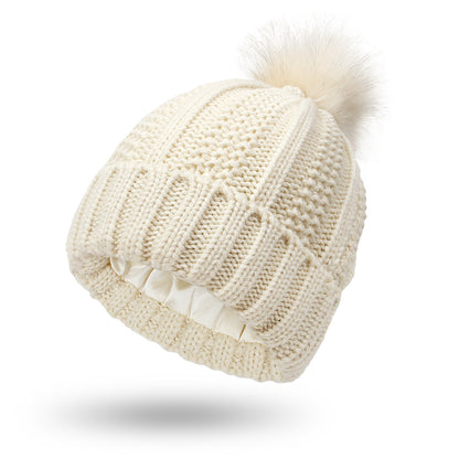 Faux Fur Pom-Pom Beanie Hat | Women's Fleece-Lined Stretchy Knit Winter Skull Cap