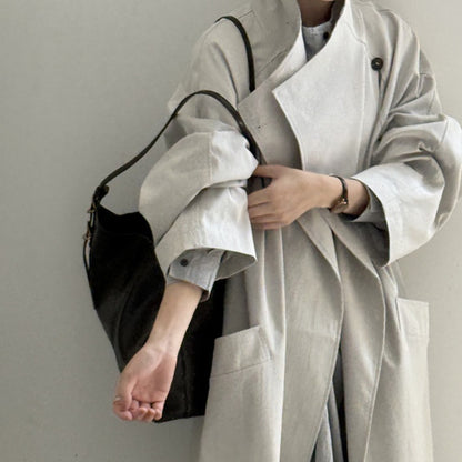 Retro Lapels One Button Mid-length Trench Coat Women's Belt Coat